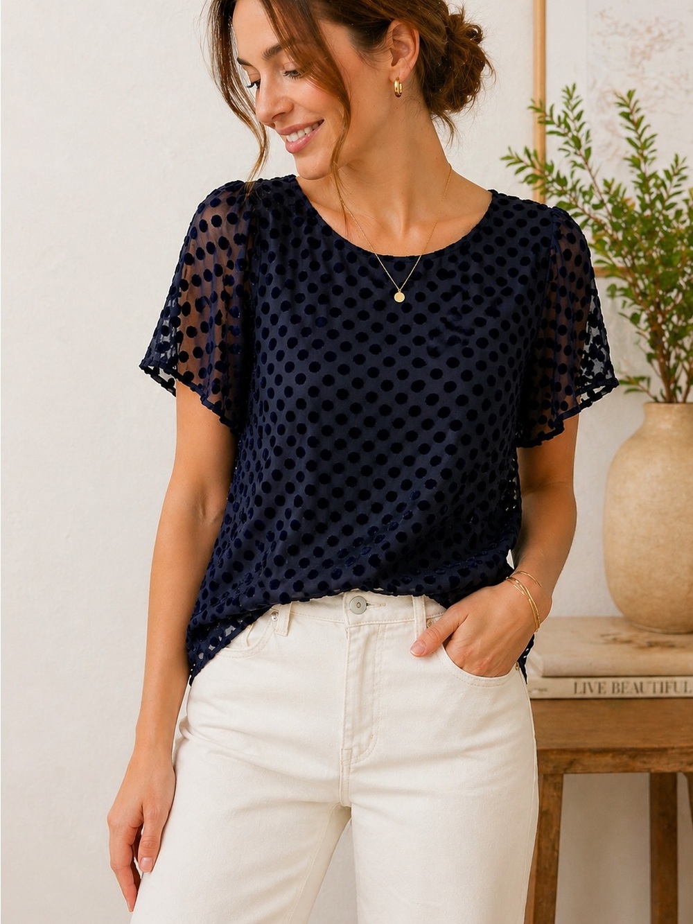 LOFT Navy Velvet Polka Dot Sheer Blouse Flutter Sleeve Medium